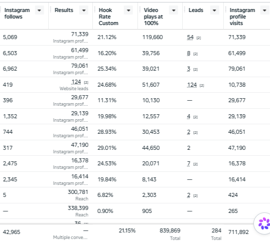 Meta Ads Manager screenshot showing Instagram follows, profile visits, hook rate, video plays and leads